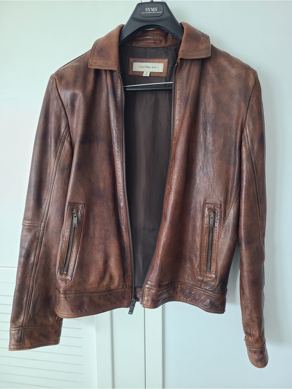 Calvin Klein Jeans Distressed Brown Leather Zip Jacket